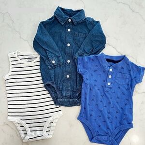 Carter's - 9M- Set of 3 Boys Blue Bodysuits - Stripe -Dino - Denim